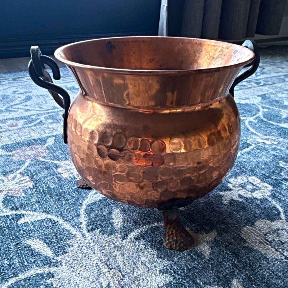 Vintage Hammered Copper Cauldron Pot w/ Black Iron Handles, Tripod Feet